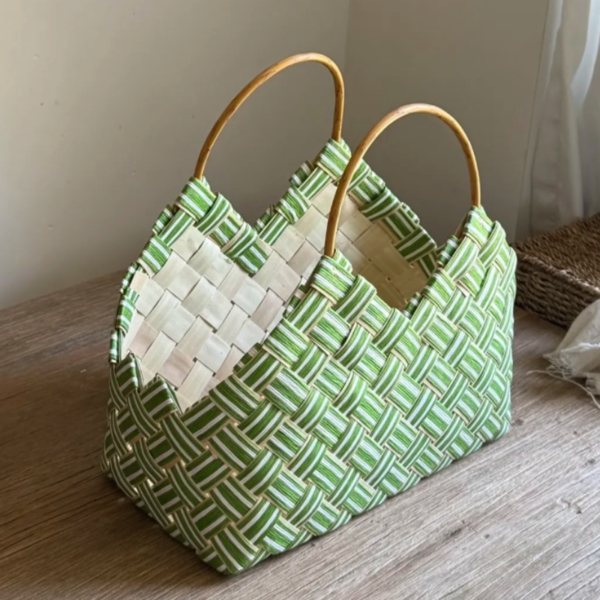 46_4c462fbc-049a-430a-8416-725e6396c84c.png Japanese Green Woven Wooden Chip Handbag Large Handmade Basket Tote, Natural Retro Picnic Bag